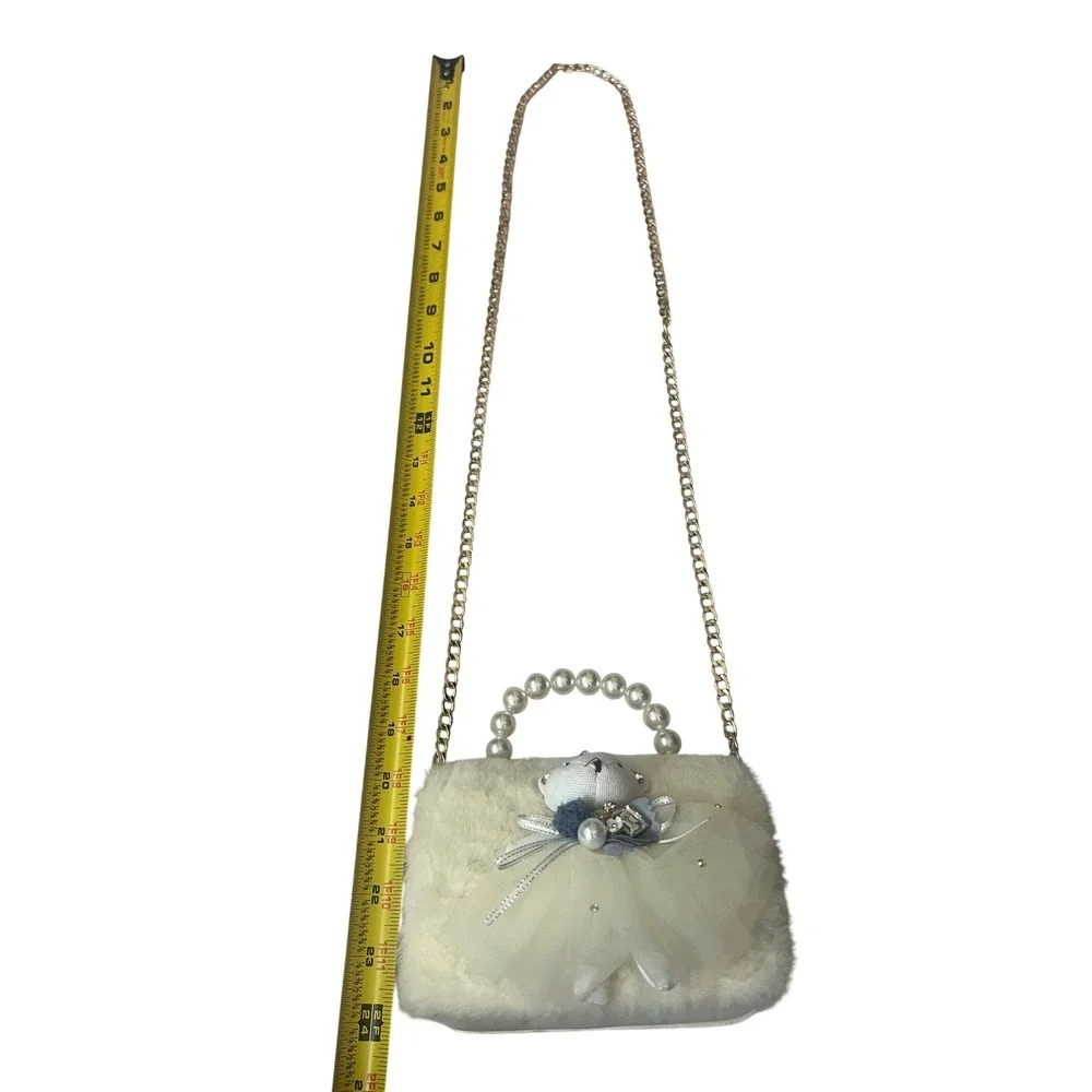 Doe a Dear Girls Faux Fur Teddy Bear Ballerina Crossbody Bag Pearl Handle Cream